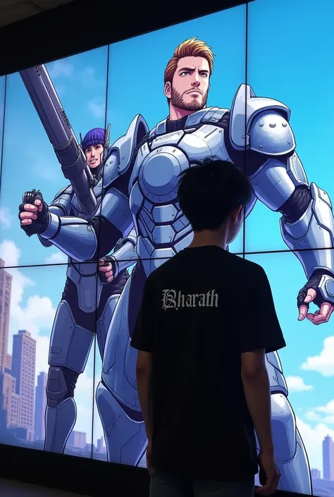 Create a led screen and in that screen create a man wering armour and holding gun and write ARMOUR on that armour chest plate and infront of led scree create 20 years old boy wering a t shirt and write SHARATH on the t shirt back side in anime virsion 