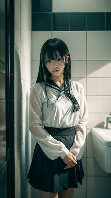 **Prompt:**

"Create an ultra-realistic 8K resolution image. ultimate horror version of Toire no Hanako-san, anthropomorphized into a chilling yet eerily beautiful figure. She has long, jet-black hair that cascades messily over her pale, ghostly face, part...