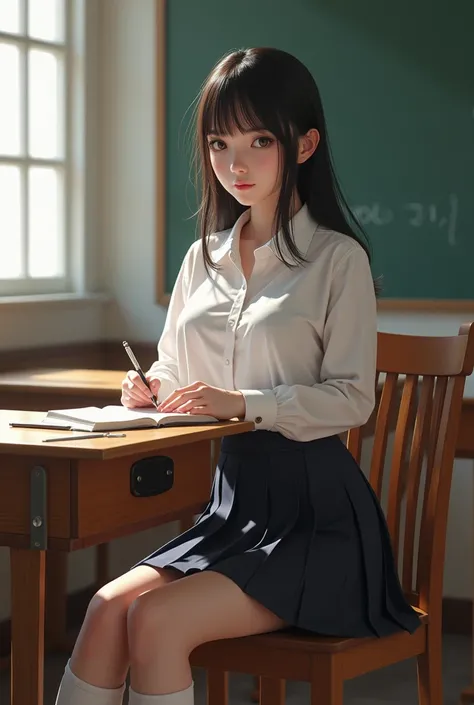 Heres a detailed description:

A young girl with a voluptuous body and bangs is studying at school. She wears a classic school uniform, consisting of a crisp white blouse with a collar, a neatly pleated skirt that reaches just above her knees, and knee-hig...