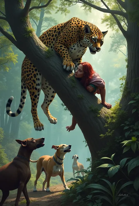 Greyhound dogs attacking a jaguar that is in a tree and has in its claws and mouth a dead woman who is on the tree with her head and arms down