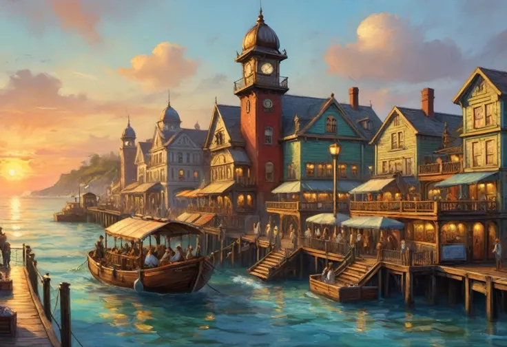 (steampunk style, detailed pier, detailed ocean, detailed vendors with carts, detailed couples, detailed kittens, detailed fishermen, detailed sweet snacks, bustling pier, summer pier, sunset pier, playful atmosphere, romantic scene, cute kittens, warm lig...