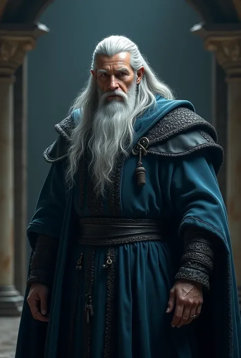 a sixty years old man, sharp and commanding facial features, silver-gray long flowing hair down his back, powerful and imposing physique, tall and broad-shouldered, wearing a deep blue and black robe, fantasy character, dramatic lighting, cinematic, hyper ...