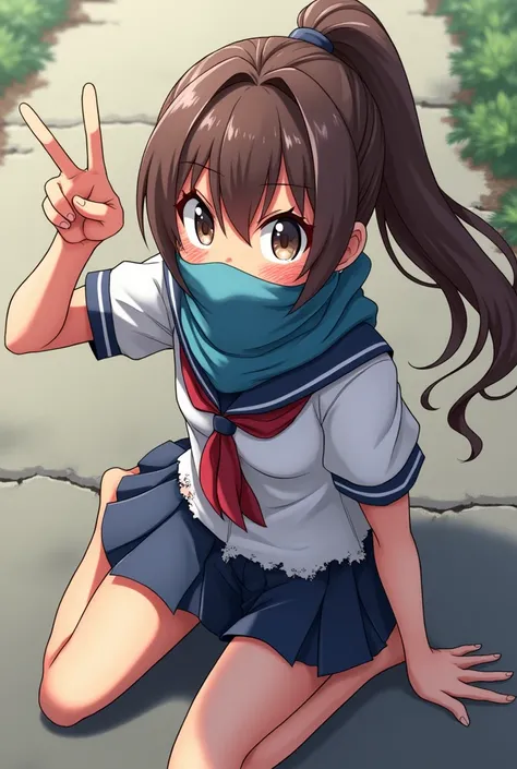 Anime girl, brown hair, ponytail, blue scarf, Mouth covered by scarf, bruised up, in schoolgirl outfit, clothes torn, on the ground, smiling, victory sign 