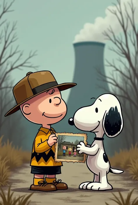 snoopy, With a picture in his hand he shows Charlie Brown an old photo of a family in Pripyat, happy in front of his house. In the distance, a power plant cooling tower.