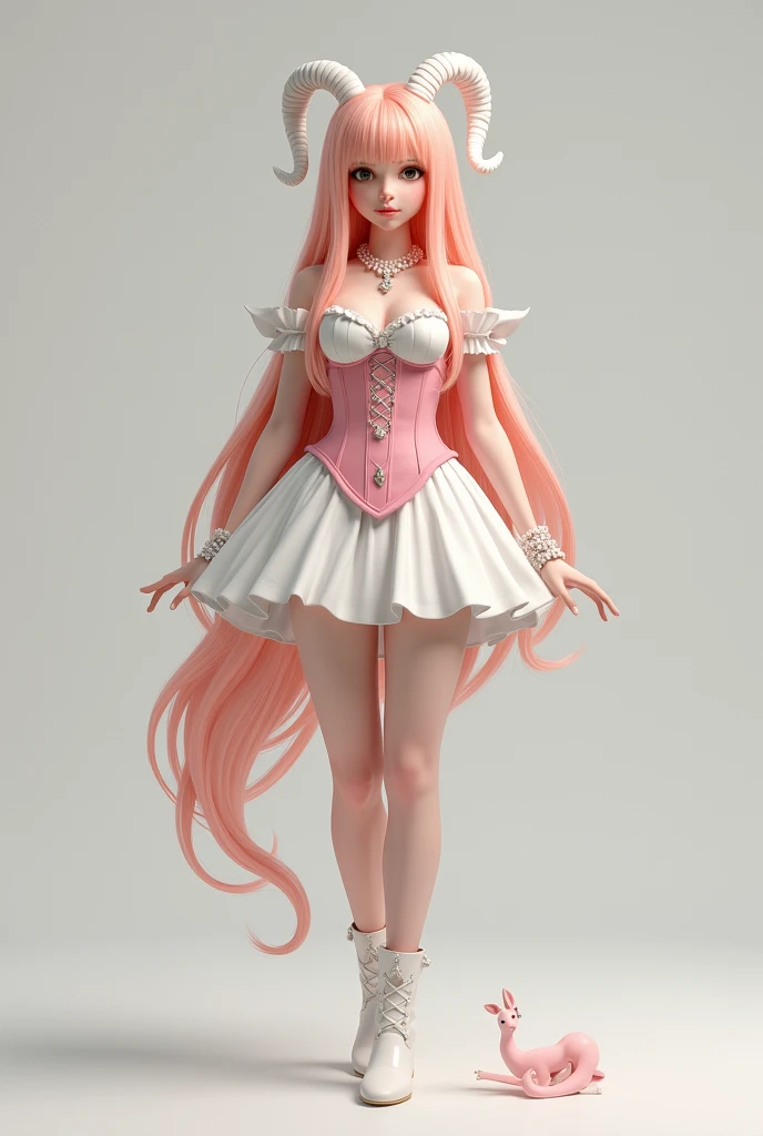 Make a realistic style image of a girl dressed up in a long peach-colored wig, That she is wearing a pink corset and a white skirt that is shorter in the front but longer in the back., It also has white goat-type horns and white boots.. And put pearls that...