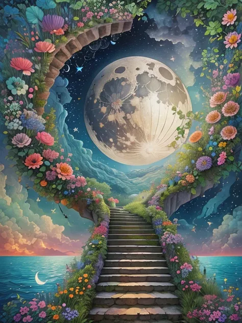 Masterpiece, best composition, dynamic composition, textile art, there is a staircase leading to the sky, beautiful flowers are blooming on both sides of the staircase, at the end of the staircase there is an entrance to another dimension where you can see...