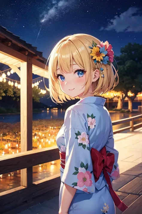 masterpiece,girl,,delicate,teenager,small,blonde,Bobcut,small胸,blue eyes, Captivating smile,My cheeks are a little hot, （Floral Yukata:1.2）, （Late Night:1.2）, Open your mouth, river, Looking up at the sky, （fireworks in Night Sky:1.1）,（Night Sky:1.1）、Big f...