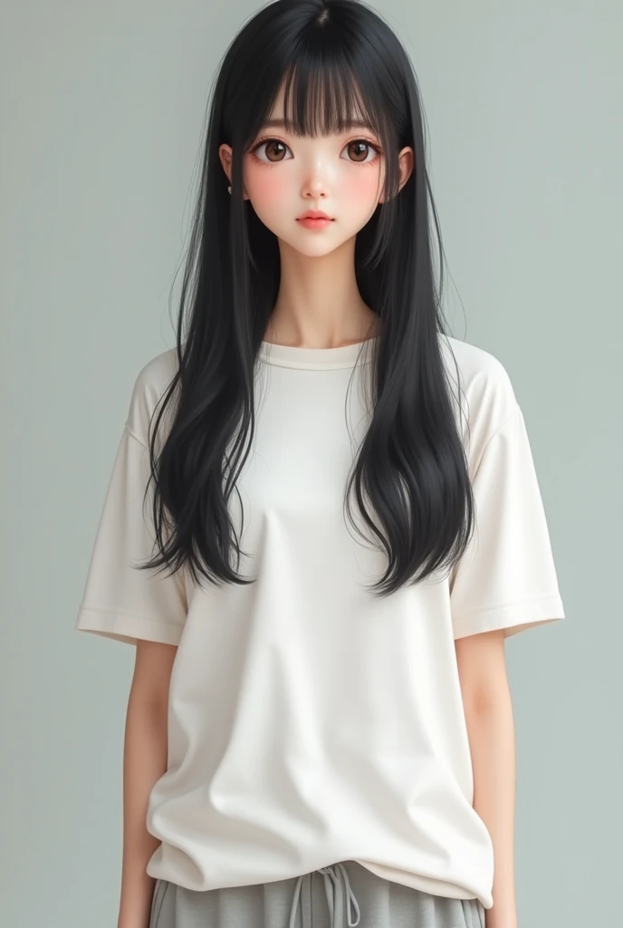 (8k, RAW Photo, Best Quality, Masterpiece:1.3),(Real,Photo:1.37),(Black Hair),Pose,1girl,Very Beautiful Face,Cute,(Small),(Put Your Hands Down))),Poggy Hairstyle,Random Expression,(White T-shirt),JK_style,(Track Shorts) ,Black Hair,(Age 19),Modest,Five Fin...