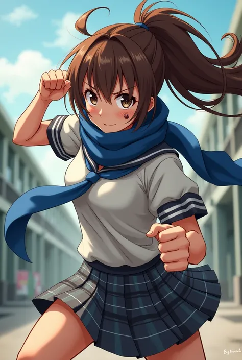 Anime girl, brown hair, ponytail, blue scarf, Mouth covered by scarf, bruised up, in schoolgirl outfit, punching 