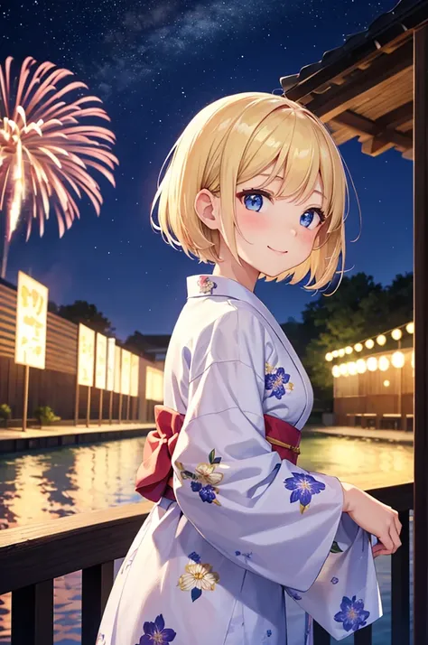 masterpiece,girl,,delicate,teenager,small,blonde,Bobcut,small胸,blue eyes, Captivating smile,My cheeks are a little hot, （Floral Yukata:1.2）, （Late Night:1.2）, Open your mouth, river, Looking up at the sky, （fireworks in Night Sky:1.1）,（Night Sky:1.1）、Big f...