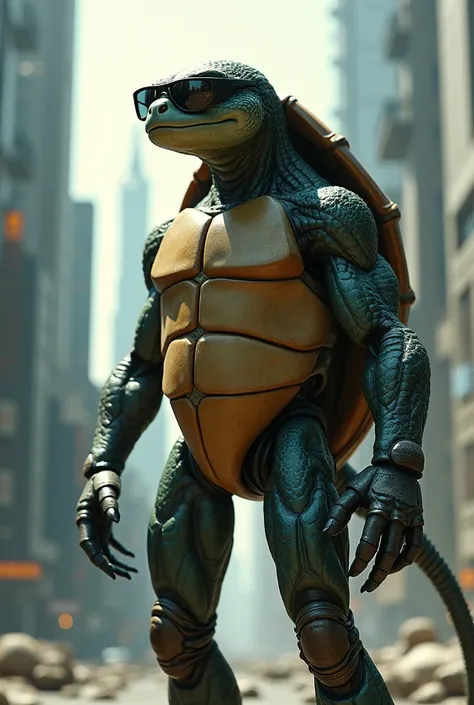 Human-shaped turtle with a thin shell-less suit and sunglasses 