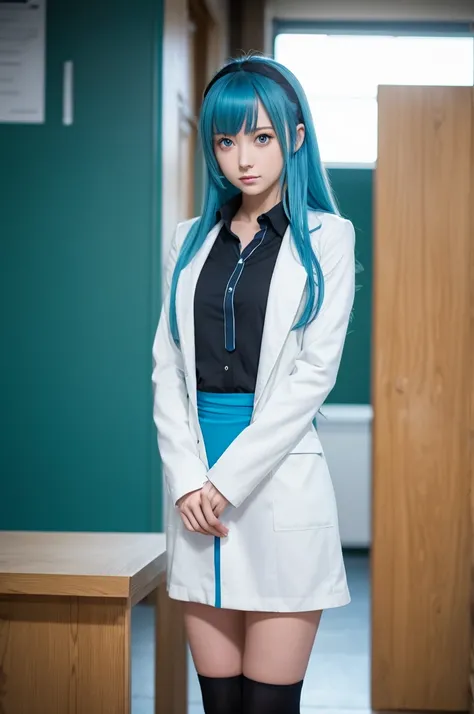 masterpiece, 最high quality, high quality, High resolution, One girl, alone, Aqua (KonoSuba), Blue Hair, Long Hair, blue eyes, White shirt ,Long white coat, Black office skirt, Knee socks, whole body, Are standing, Put your hands in your pockets, boredom, D...