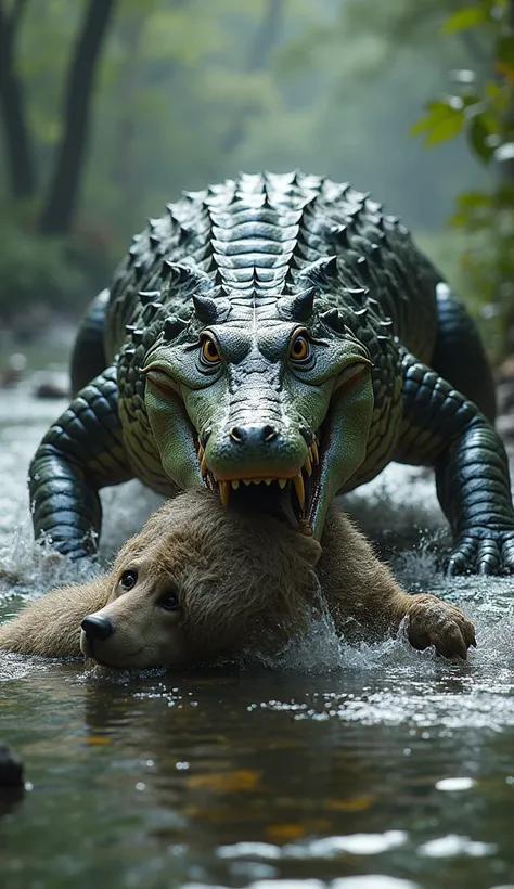 Crocodile on a dead wolf that it fought in a river