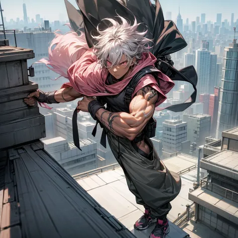 1male, young adult, dark skin, finely detailed pink eyes, wild medium hair, grey hair color, baggy hoodie, baggy combat pants, standing on building, day time, tokyo city, calm expression, muscular, tattoos, standing on rooftop, hiker backpack, ninja shoes