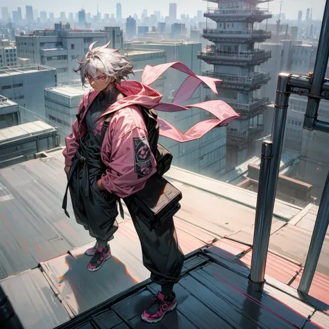 1male, young adult, dark skin, finely detailed pink eyes, wild medium hair, grey hair color, baggy hoodie, baggy combat pants, standing on building, day time, tokyo city, calm expression, muscular, tattoos, standing on rooftop, hiker backpack, ninja shoes