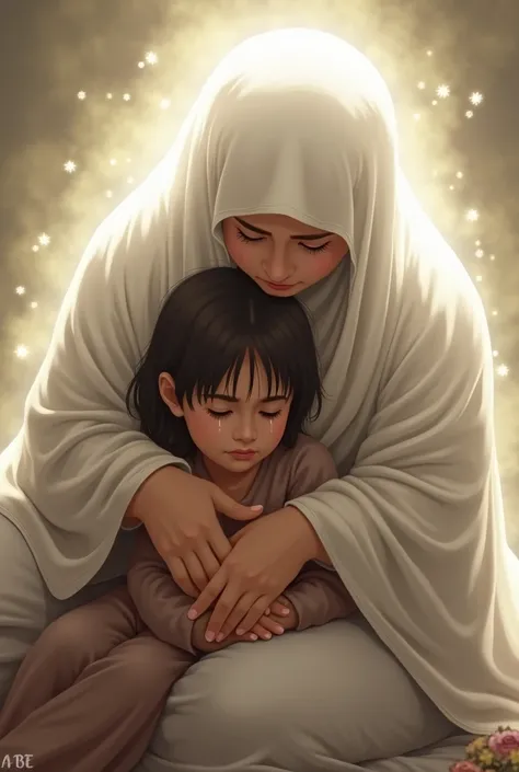 A  daughter is hugged by her mother wearing a hijab. sitting crying, white glowing man hugging from behind