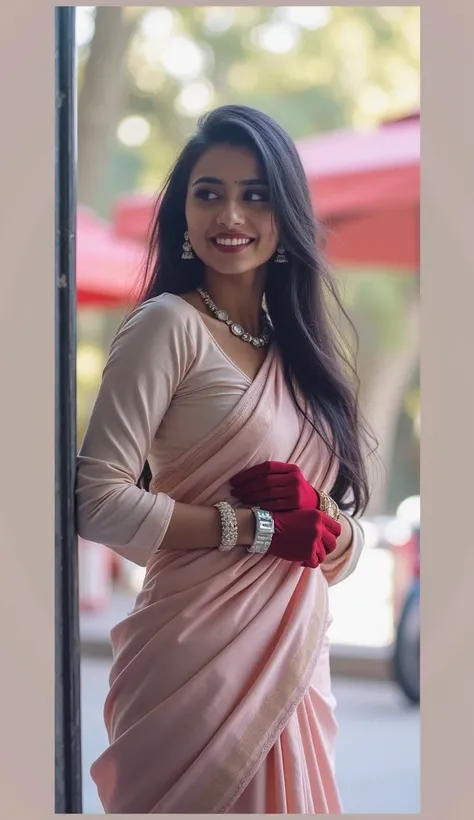 21year old Indian woman lip kissLong Hair, Long Hair, Long Hair, Long Hair, Makeup, Makeup, Makeup, Saree, 1girl, solo, long hair, black hair, long sleeve chuiblouse, wearing red gloves inside the blouse, white rolex chudi design India left hand, tradition...