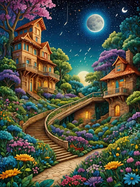 Masterpiece, best composition, dynamic composition, textile art, there is a staircase leading to the sky, beautiful flowers are blooming on both sides of the staircase, at the end of the staircase there is an entrance to another dimension where you can see...