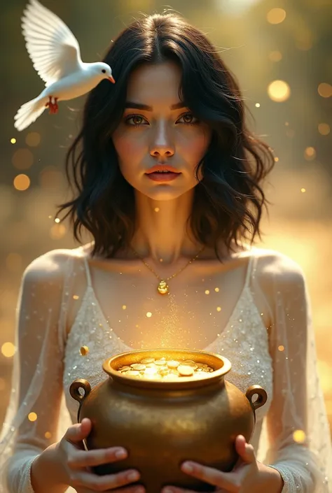 A close up image of al dark midi hair lady wearing a white glowing dress holding a large pot with golden coins and one white dove is hovering above her. Her background is filled with light, glitter, golden dust