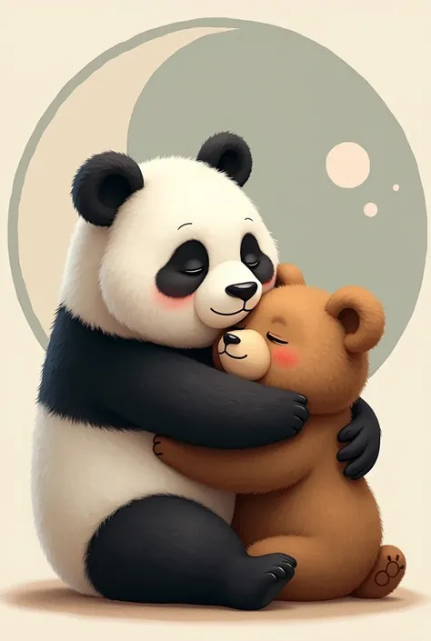 A panda hugging a small brown bear with a yingyang background 

