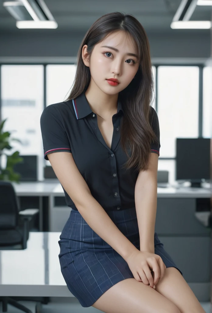 a beautiful girl with a mixed face of western and eastern features, sitting in an office, wearing a short skirt showing off her sexy legs, detailed facial features, detailed eyes and lips, 1girl, office interior, photorealistic, 8k, highres, best quality, ...