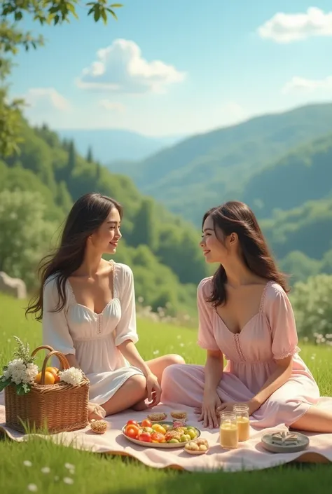 (photorealism:1.2), beautiful two women in picnic 