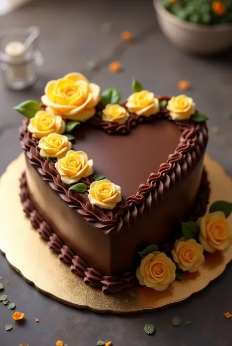 draw chocolate birthday cake  in heart shape with yellowish small creamy  roses 