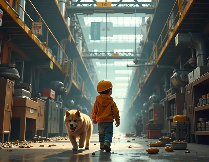 a factory , workplace safety , a child and a dog