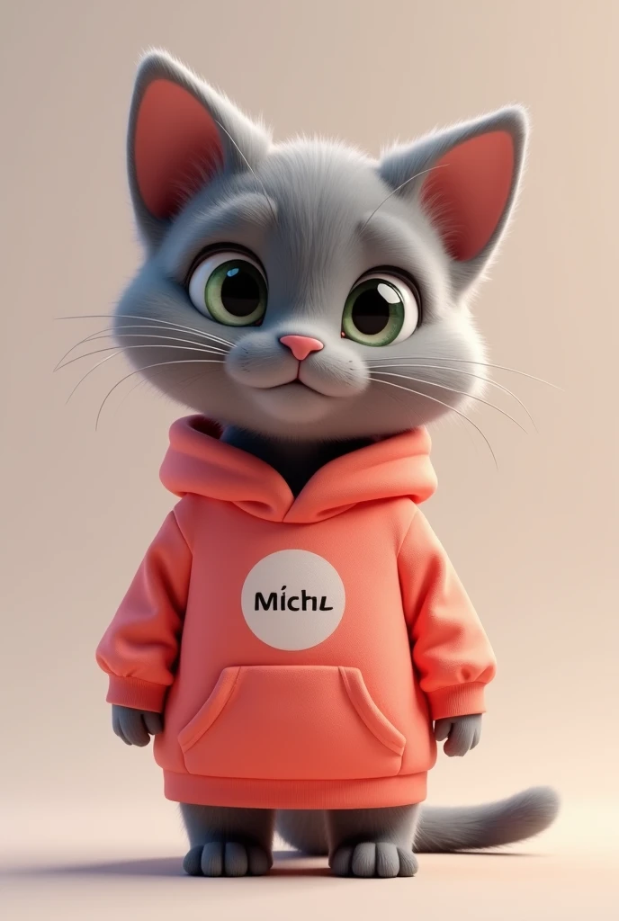 Gray animated cat wearing a coral hoodie, with the MICHUCRAFT logo written on the back 