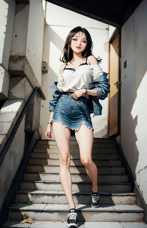 realistic anime illustration of black long hair teenage girl is posing at indoor building s stair,  (+forehead), wears denim jacket, white off-shoulder, black camisole, denim pencil and black sneakers, (1girl, solo, full body, looking at viewer, front view...