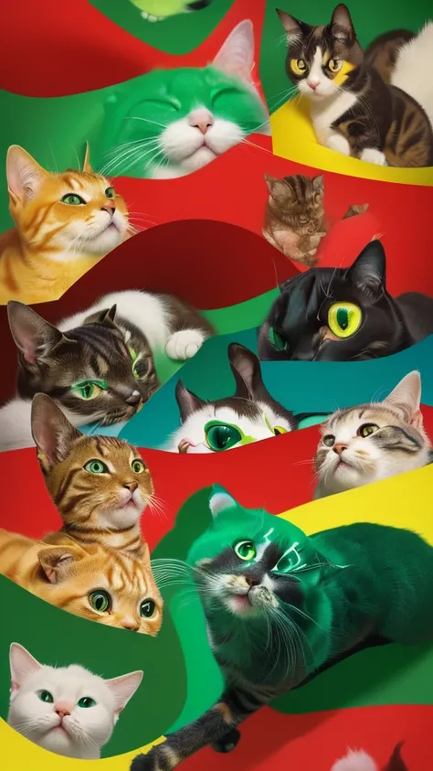 masterpiece, High resolution, 最high quality, high quality, Anatomically correct, Many cats,(Cats of impossible colors,red,green,yellow,green,etc:1.5),(The magnificent nose of Wonderland:1.5)