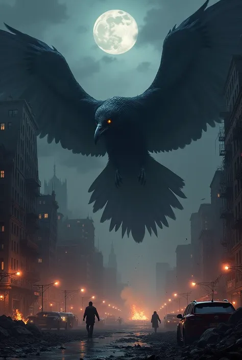 A giant crow is destroying a city at night 