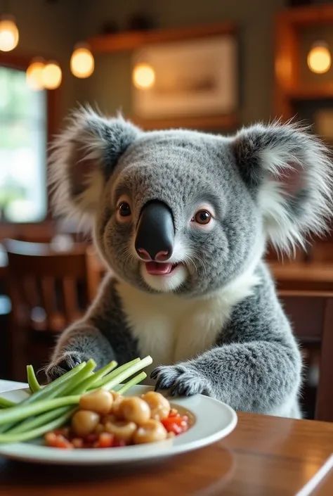 Create an image with the following characteristics: Koala in restaurant , bottom: Realistic image of Koala sitting in a restaurant eating Calçot, image quality: best quality, aspect ratio: 16:9, Emotional state: happy, energy: high, Size: big, Structure: S...