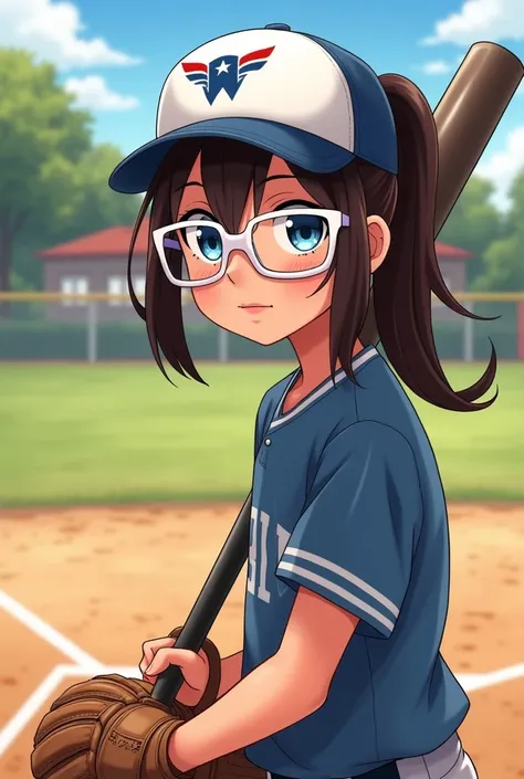 Dark Brown hair in ponytail, blue eyes, whiteglasses, 
Tween girl heavier
Batting 
Softball, glove, bat, hat, softball field 