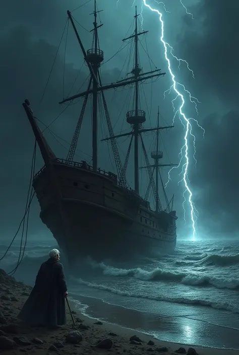 A destroyed old dark Black wooden ship was tied in sea side with two chains. Those chains were tied to a two huge swords by tow sides of the ship and a old man trying to break that chain with a rock. Black sky white lightning.

