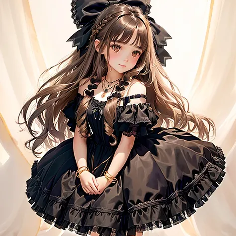 young girl with long, flowing light brown hair, decorated with large, dark bow, wear black, off the shoulder, dress with lace trim and full tulle skirt, bracelet, and necklace, her arms overlap slightly in front, against a softly blurred background, backgr...