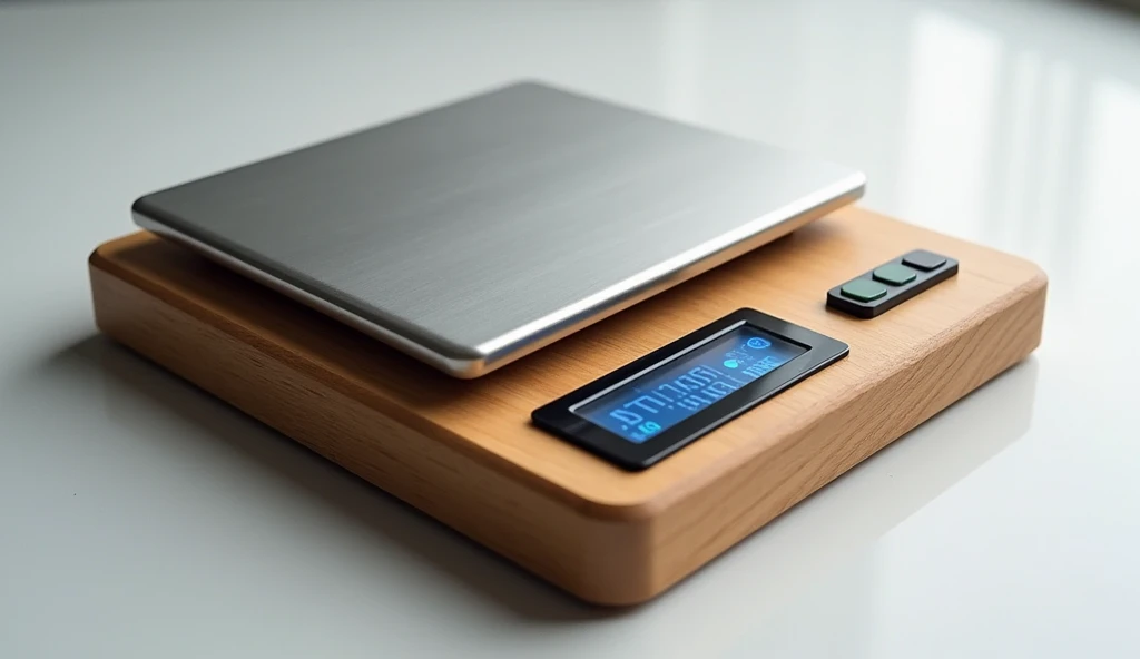 Wooden base digital scale design, using two load cells, an HX-711 module, an ATmega328P microcontroller, um notebook e um display LCD 16x2, high resolution, best quality, super verbose. 