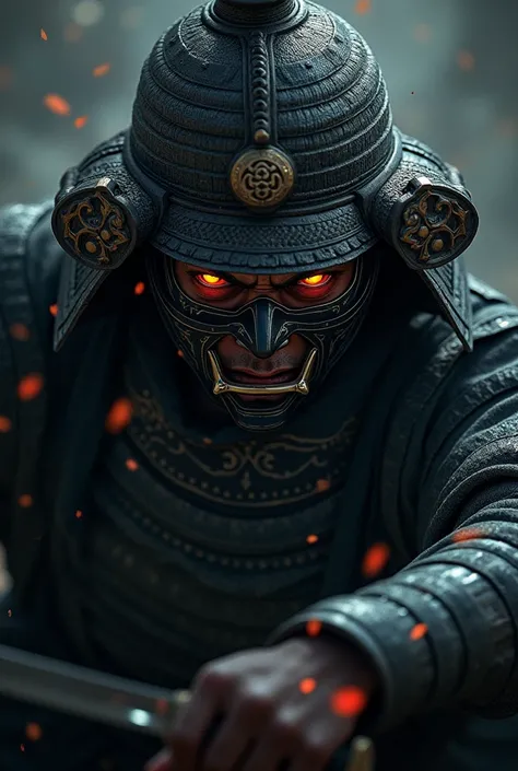 Draw the masked face in half, of a samurai warrior holding his katana very close to his face , with a look full of anger