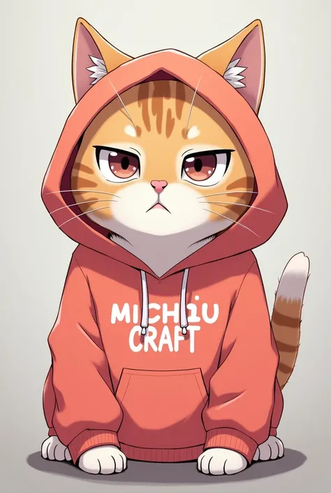 Humanized anime-type cat with a serious but funny face in gray with a coral-colored hoodie, with the MICHUCRAFT logo written in graffiti