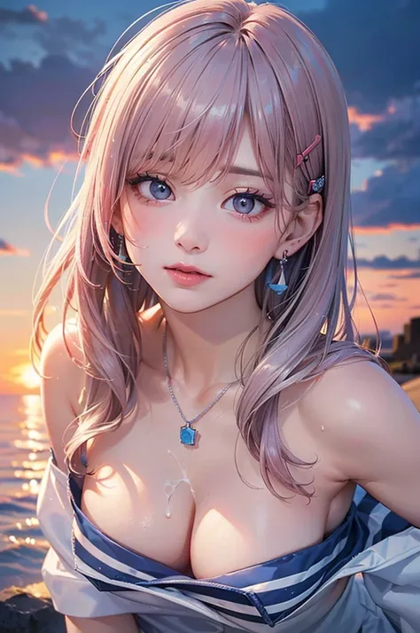 ((Highest quality, 8k, masterpiece :1.3)), (Sharp focus :1.2, Beautiful woman with perfect figure :1.4, Slim Abs), ((Big Breasts, Accentuate your cleavage:1.2)), (PhotoRealistic:1.4), (Realistic:1.4), (Pink Hair), Highly detailed face and skin texture, fin...