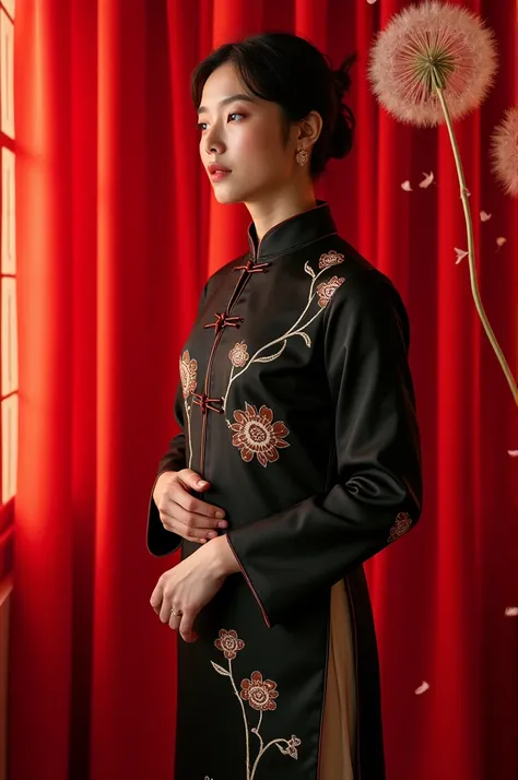 Woman man black Cheongsam red dandelion 
Curtain background 