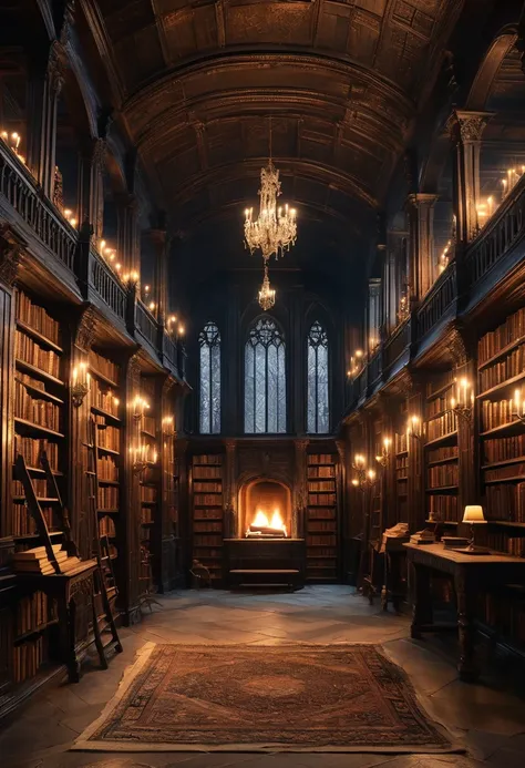 design a detailed image of an ancient gothic library at midnight. tall, dark wooden bookshelves stretch to the ceiling, filled w...