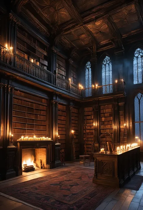 design a detailed image of an ancient gothic library at midnight. tall, dark wooden bookshelves stretch to the ceiling, filled w...