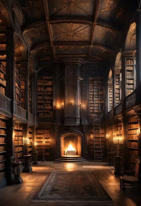 design a detailed image of an ancient gothic library at midnight. tall, dark wooden bookshelves stretch to the ceiling, filled w...