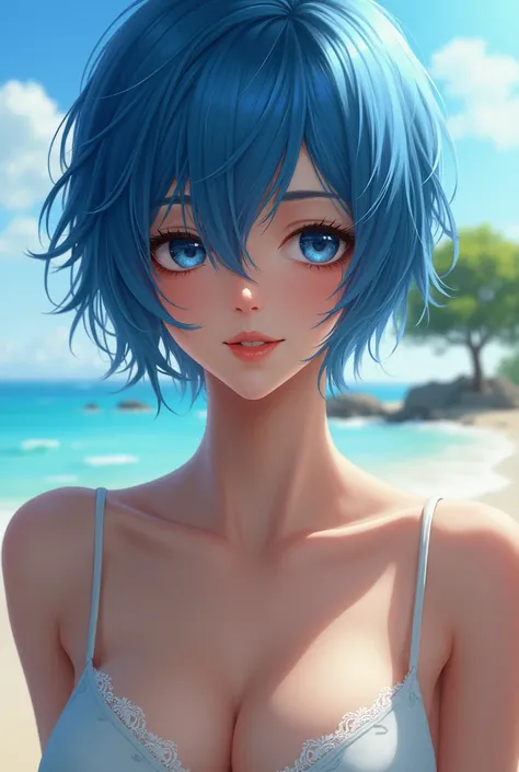 1girl, rating:explicit, armpits, hair_over_one_eye, solo, sleeveless, short_hair, upper_body, breasts, smile, looking_at_viewer, outdoors, closed_mouth, sky, tree, sleeveless_shirt, blue_eyes, shirt, blue_hair, Touka Kirishima