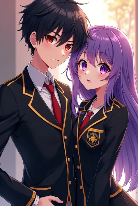 A high school boy and girl, They are both 1. The boy has black hair and red eyes, His face is always serious. The girl is very cheerful and cute, She has long purple hair and purple eyes., Her breasts are big. They both wear a black and gold school uniform...