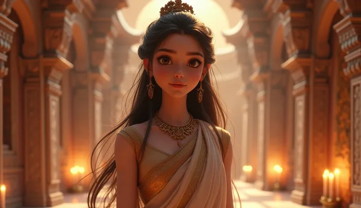 Generate 3d animated image of a beautiful girl aged around 18 years in ayodha kingdom