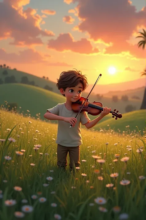 A beautiful boy playing violin at sunset at beautiful pasture , wearing loose daily clothes 