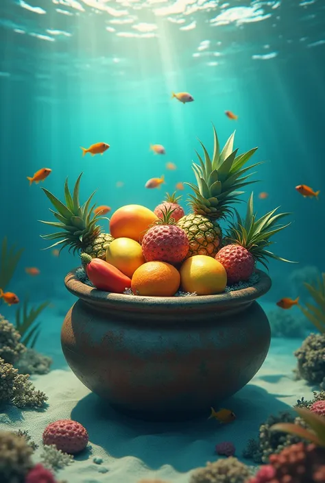 tropical fruits at the bottom of the sea in a clay pot