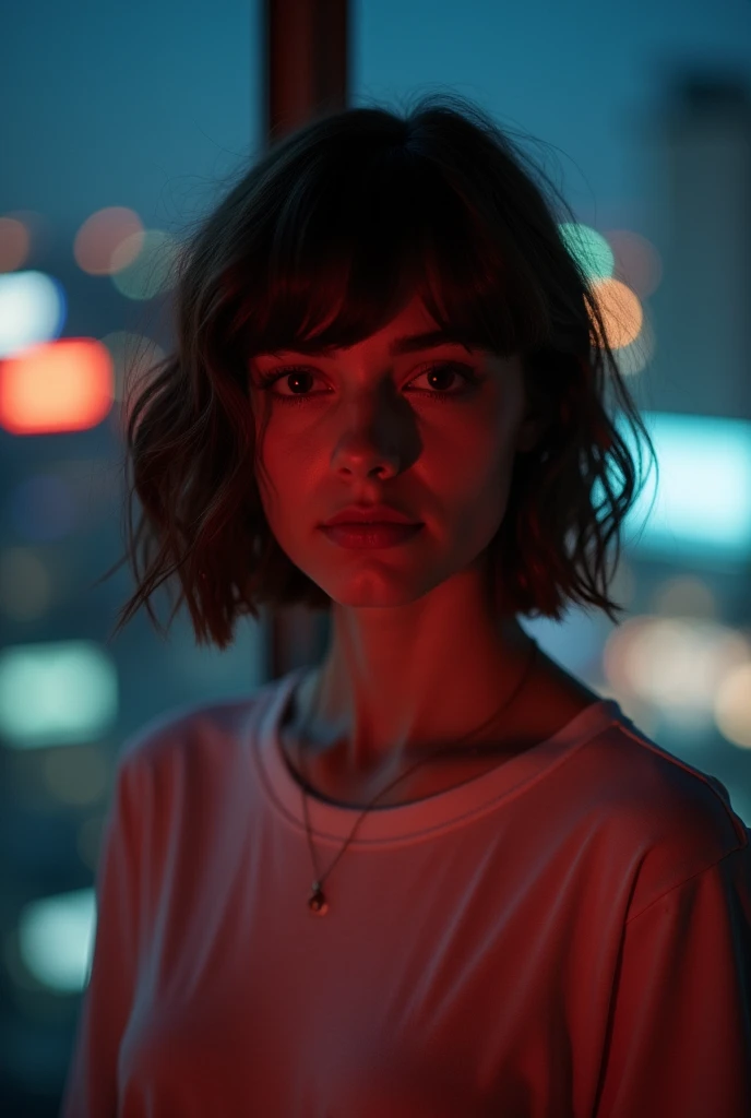 cinematic realistic portrait, front face, of a young girl, adolescent, (spain), , long t-shirt, minimal style, Beautiful woman, ((short wavy hair with bangs)), (honey eyes), Pursed lips, night in an apartment, window to the city, neon lights, Nasen Piercin...